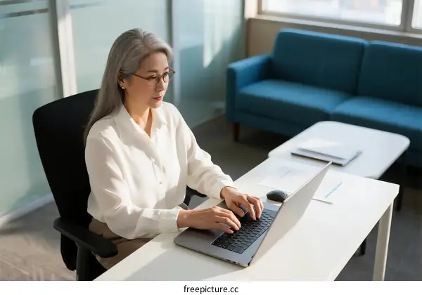 Mature Businesswoman Typing on Laptop in Modern Office