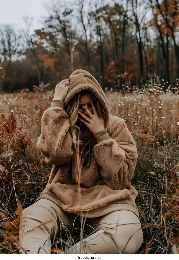 Woman in Brown Hoodie Sitting in a Field of Grass