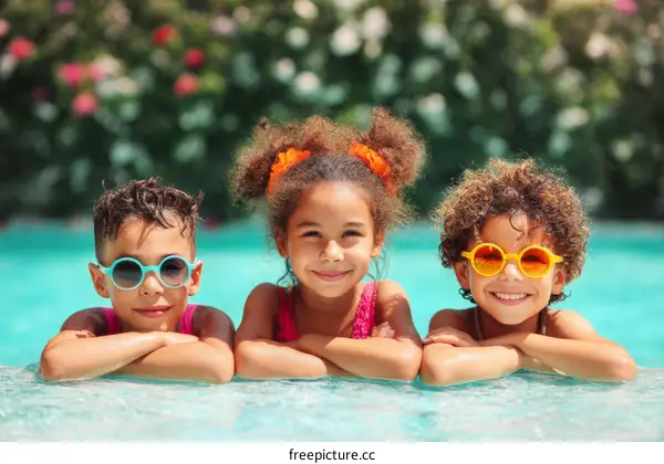 Three Children Relaxing in a Swimming Pool