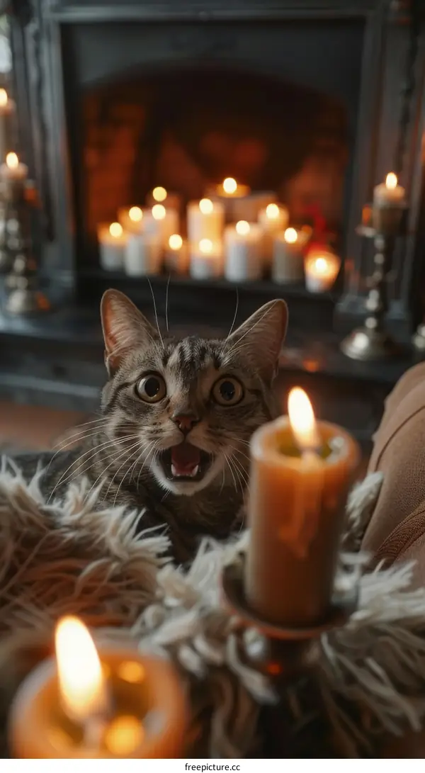 A cat is sitting in front of a fireplace with a lit candle looking surprised
