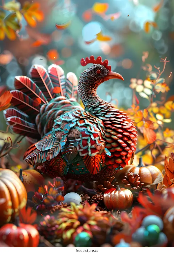A turkey standing in a pumpkin field