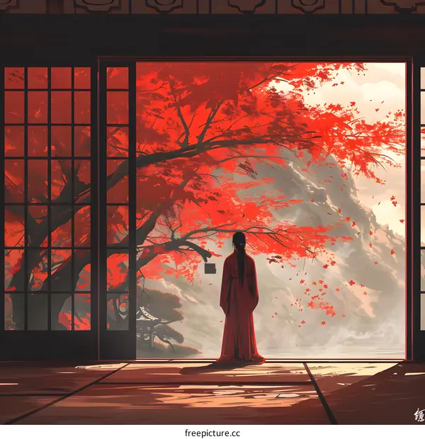 Woman in Red Kimono Gazing at a Red Maple Tree