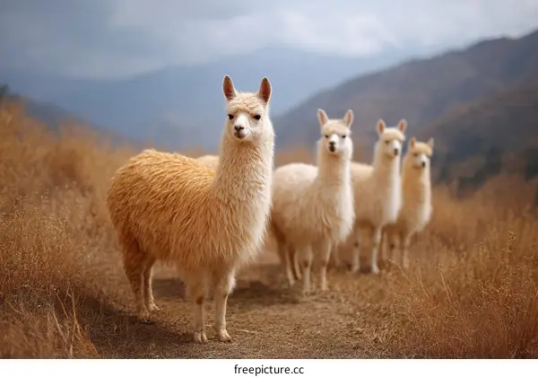Group of Fluffy Alpacas in a Field