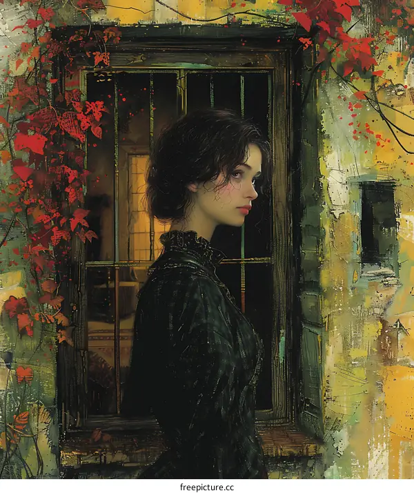 A painting of a Victorian woman in a green dress standing in front of a window