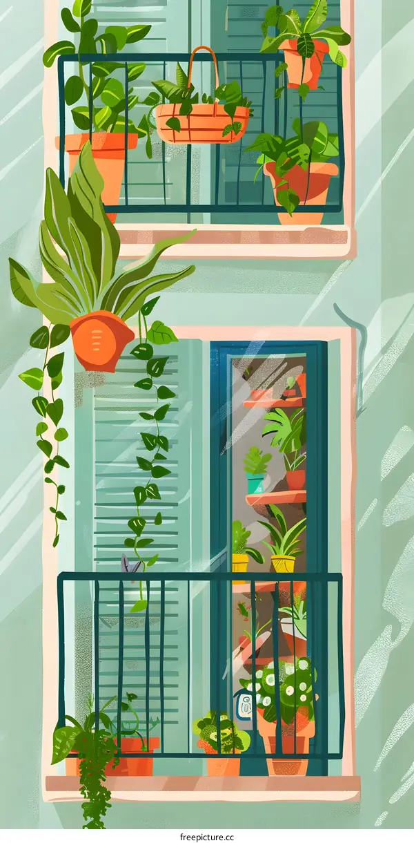 Green Plants On Balcony Illustration
