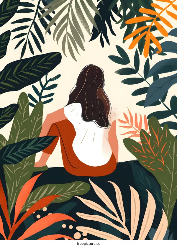 Woman Sitting in Tropical Rainforest Illustration