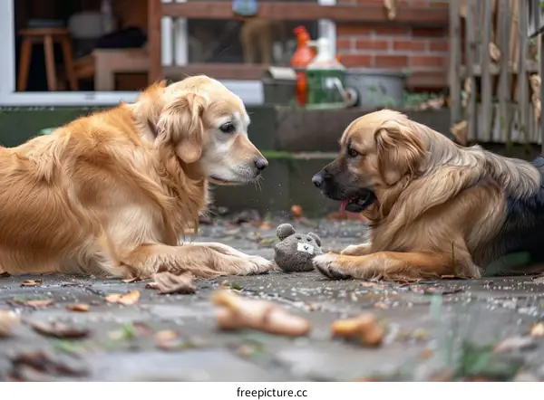 Two dogs playing with a toy