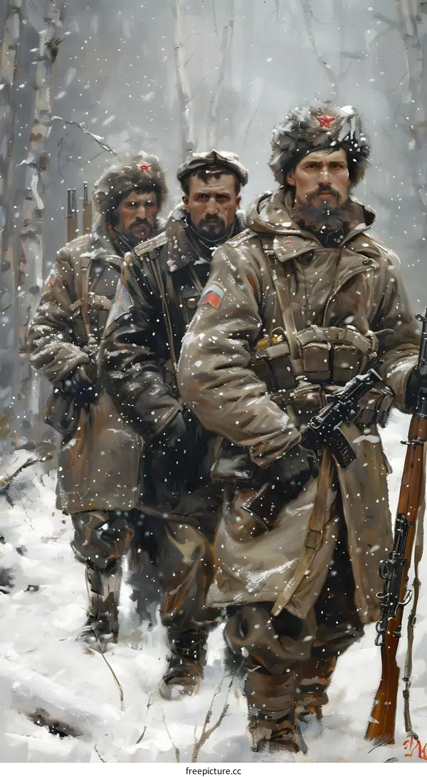 Three soldiers in winter gear walking through a snowy forest