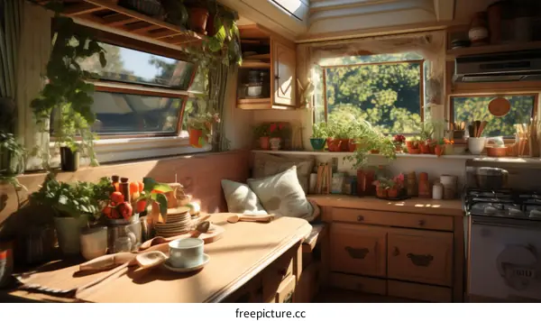 Large window and lots of plants in a beautiful kitchen