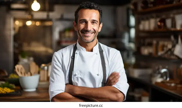 Portrait of a male chef smiling in a commercial kitchen