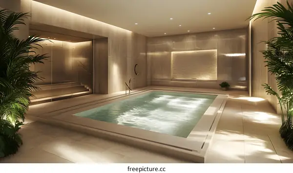 Modern Minimalist Indoor Swimming Pool With Beige Tile Walls