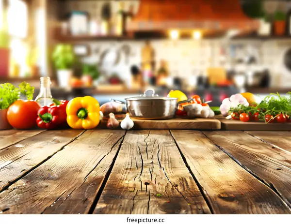 Wooden Tabletop with Kitchen Background