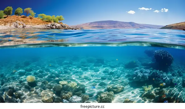 Crystal Clear Underwater and Above Water View of a Rocky Beach with Coral Reef and Tropical Fish
