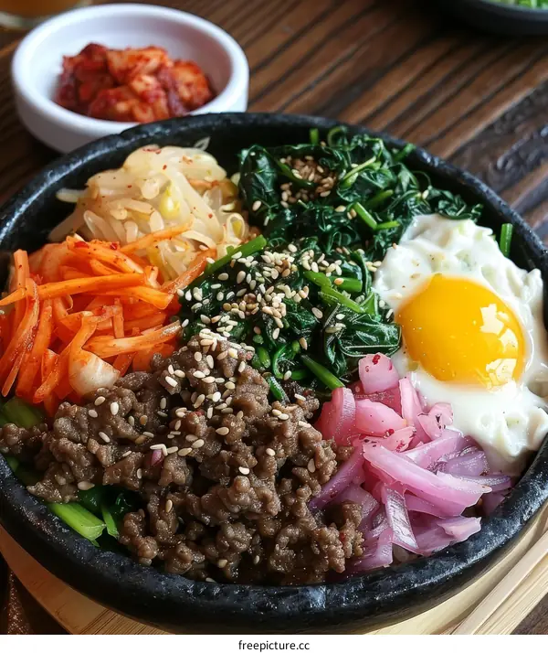 A Delicious Korean Bibimbap Bowl with a Variety of Vegetables