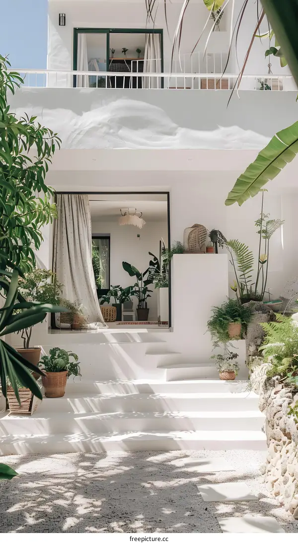 White Minimalist House Exterior with Stairs and Green Plants