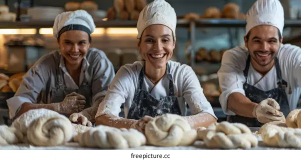 Three bakers are making bread in a bakery.