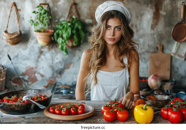 Young Woman with Fresh Vegetables in Rustic Kitchen