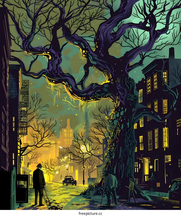 Strange Tree on a City Street at Night