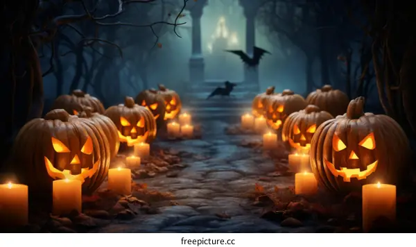 Spooky Halloween Forest Path with Jack-o'-Lanterns