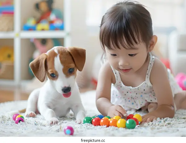 Asian toddler girl playing with a puppy
