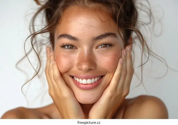 Portrait of a beautiful young woman with freckles