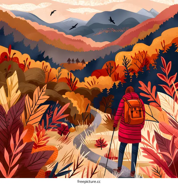 Autumn Mountain Hiking Illustration