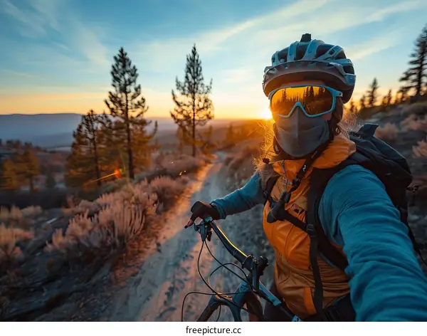 A cyclist wearing a mask rides along a mountain ridge at sunset