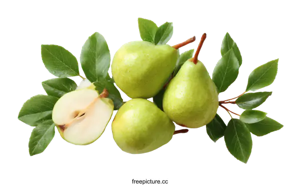 [Transparent Background PNG]Fresh Pears with Green Leaves on White Background