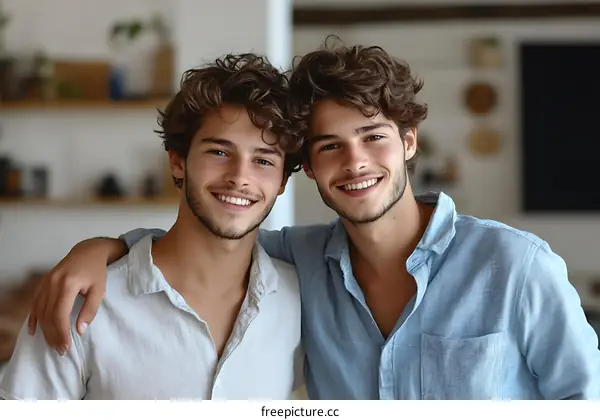 Two Young Men Smiling Close-Up Portrait
