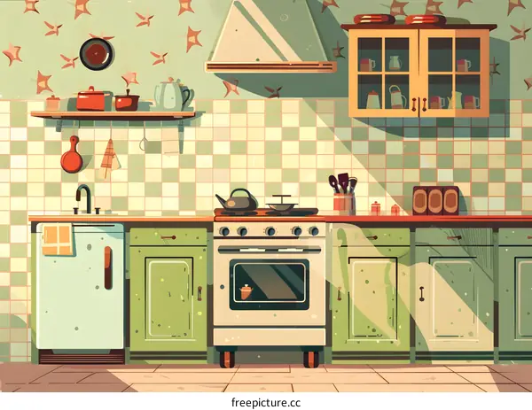 Kitchen Interior Design with Green Cabinets and White Stove