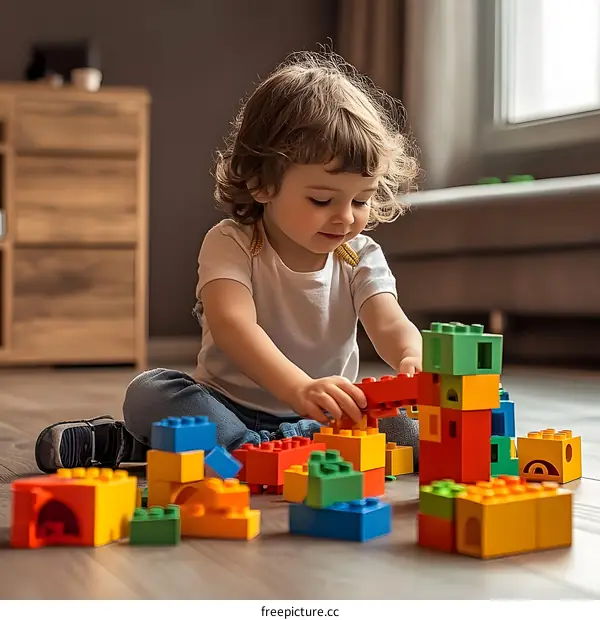 Little Girl Playing with Colorful Building Blocks on Wooden Floor