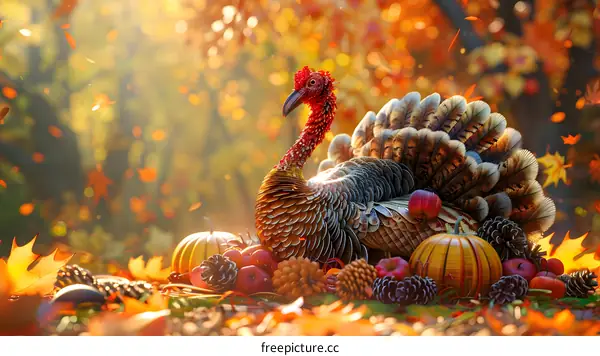 A Thanksgiving turkey sits in a field of pumpkins and gourds.