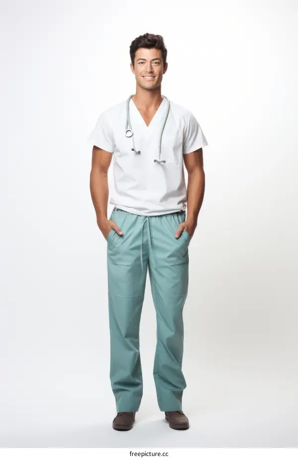 Young male doctor in white coat and green pants