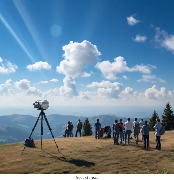 People are watching the solar eclipse with a telescope on the top of the mountain
