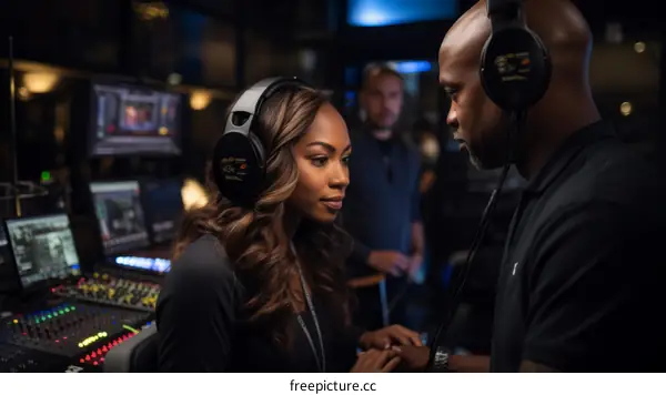 Black man and woman in headphones looking at each other in a control room