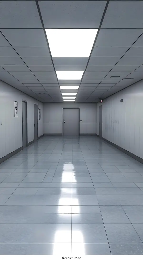 Empty Corridor with White Walls and Tiles