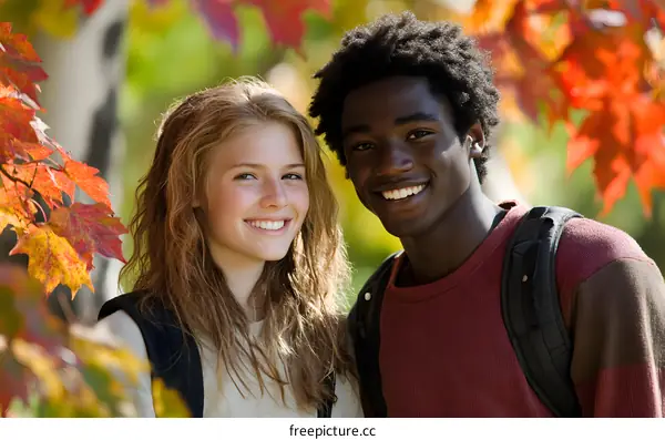 Smiling Interracial Couple Posing In Autumn Leaves