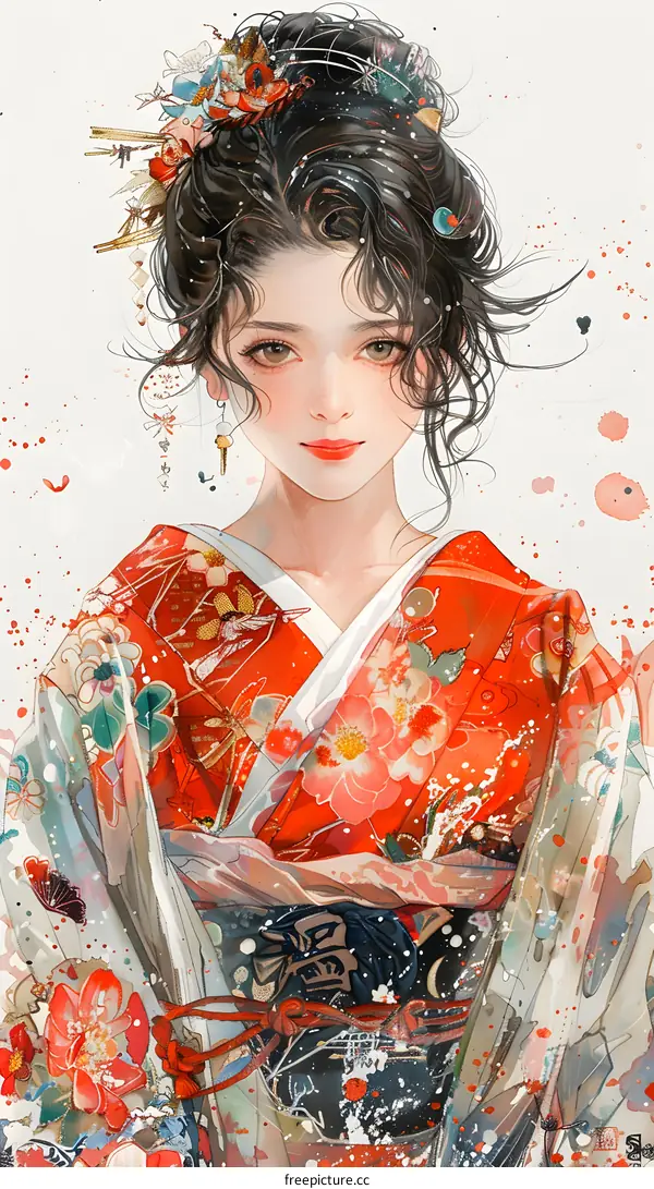 A woman wearing a red kimono with floral patterns and a white obi.