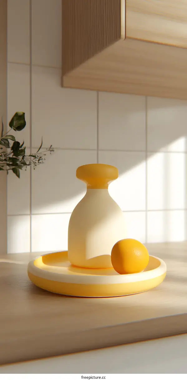 Yellow Ceramic Vase and Lemon on Tray in Kitchen Setting