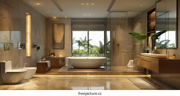 A luxurious bathroom with a large bathtub, a walk-in shower, and a large window overlooking a tropical paradise.