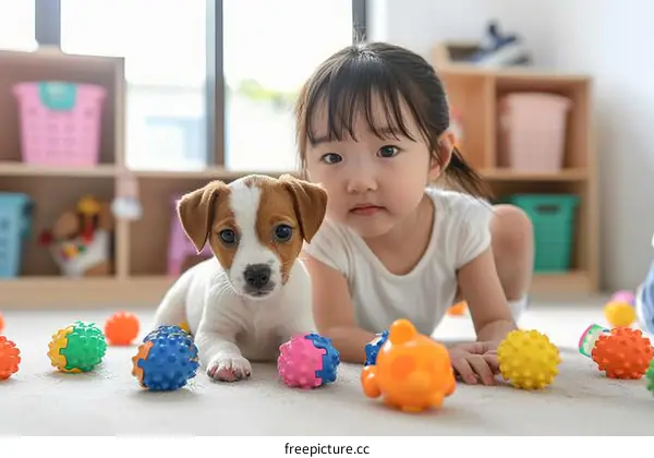 A toddler girl playing with a puppy