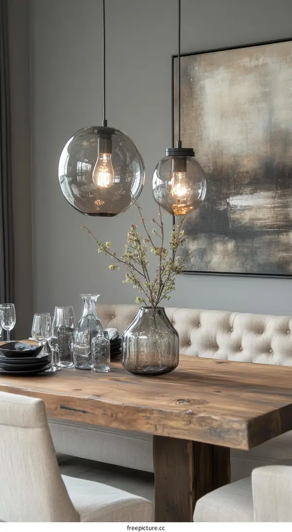 Rustic Dining Table with Pendant Lights