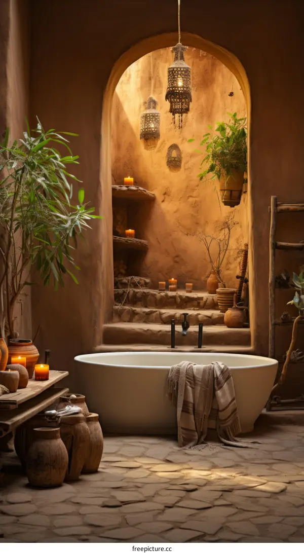 Bathroom in a luxury resort with a beautiful bathtub, plants, and candles