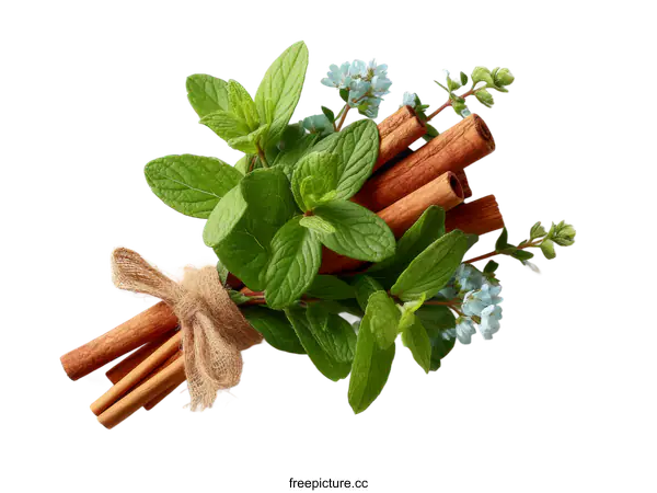 [Transparent Background PNG]Fresh Cinnamon and Mint Bouquet on White Background