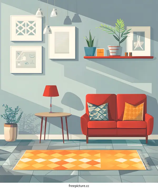 Modern Living Room Illustration With Red Sofa and Plants