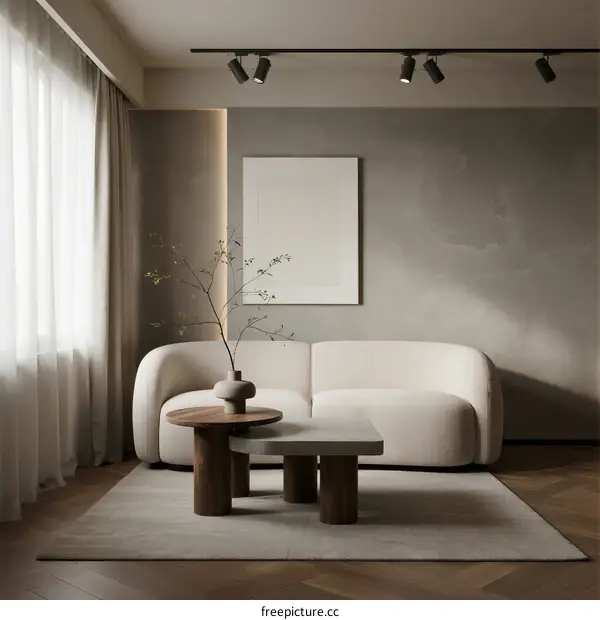 Modern living room with white sofa and wooden coffee table