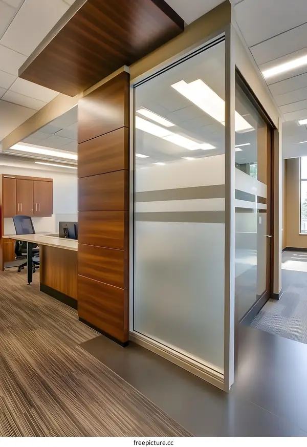 Modern Office Interior with Wood Paneling and Glass Wall