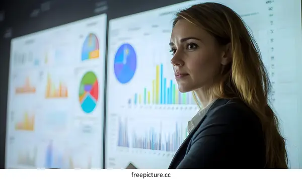 Businesswoman Looking at Charts and Graphs on Screen