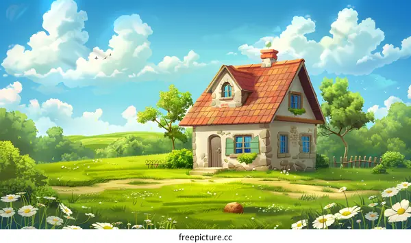 Countryside House Illustration with Green Grass and Blue Sky
