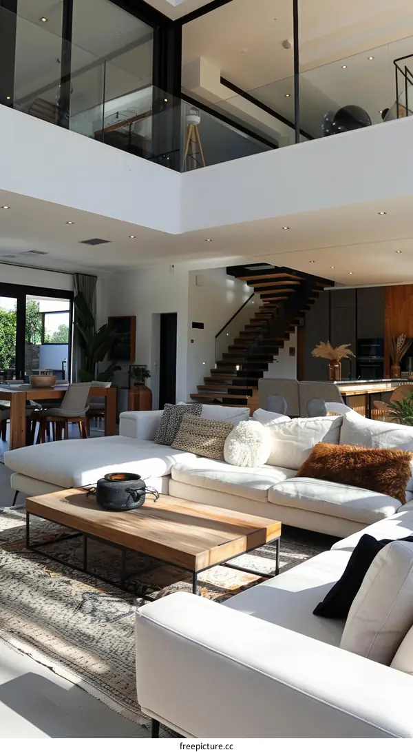 Modern Living Room with High Ceilings and Natural Light